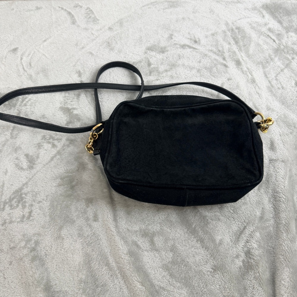 Field Manor Black Suede Crossbody Bag Gold‎ Chain Accent